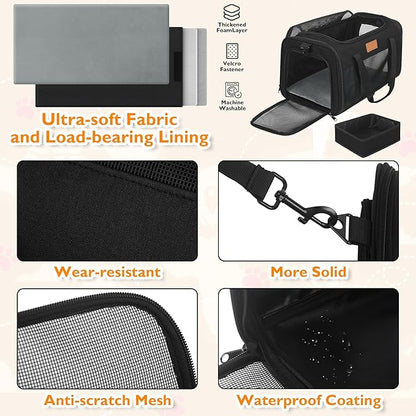 PETUX Airline Approved Pet Carrier - 17x11x9.5 in, Underseat, Top & Side Entry, Soft Sided Cat Dog Carrier for Small Cat & Dog Up to 12 lbs with Anti-Scratch Mesh & Litter Box for Travel & Vet - Black