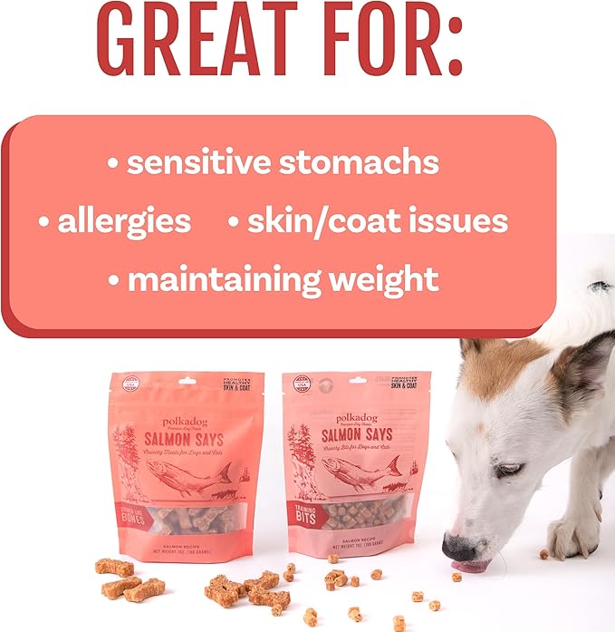 Polkadog Salmon Says Bone Shaped Dog Treats – Crunchy, All Natural, Limited Ingredient Healthy Treats. Handcrafted & Made in USA. High in Omega-3, Hypoallergenic, Easy to Digest, for All Breeds – 7oz