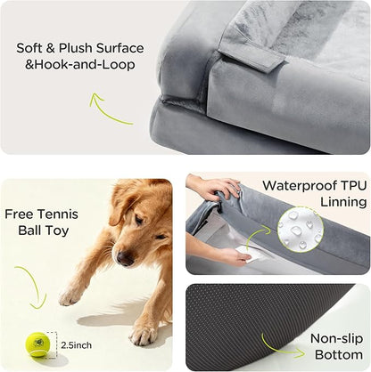 Extra Large Dog Bed, Orthopedic XL Washable Memory Foam Bed for Big Dogs Waterproof Pet Couch Sofa Bolster with Removable Cover, Non-Slip Bottom, Tennis Ball Toy, 42x30