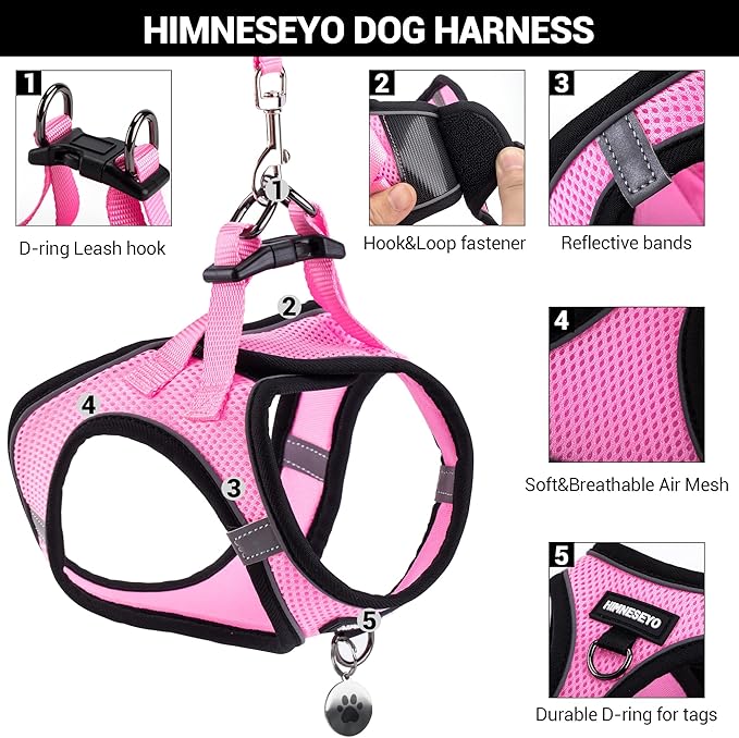 Dog Harness and Leash Set, Dog Harness for Dogs No Pull, No-Chock Step-in Reflective Breathable Lightweight Easy Walk Vest Harnesses with Safety Buckle for Small Medium Dogs, Cats (Pink, XS)