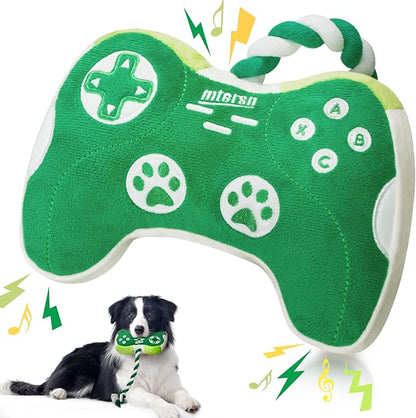 MTERSN Squeaky Dog Toys : Interactive Dog Plush Toy with Full Crinkle Paper and Cute Puppy Chew Toys with Rope - Funny Gaming Controller Shape Dogs Birthday Gift (Green)