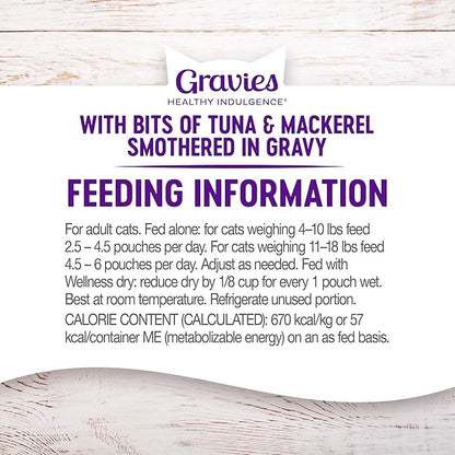 Wellness Healthy Indulgence Gravy Adult Wet Cat Food, Natural, Protein-Rich, Grain Free, 3 Ounce Pouch, 24 Pack, (Tuna & Mackerel)