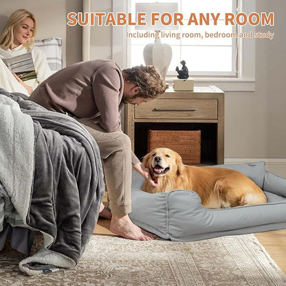 Removable Orthopedic Dog Beds for Large Dogs, Leather Memory Foam Dog Sofa Bed, Waterproof Durable Dogs Bed Couch with Non Skid Bottom for All Pet Sizes (Silver Gray, Large)