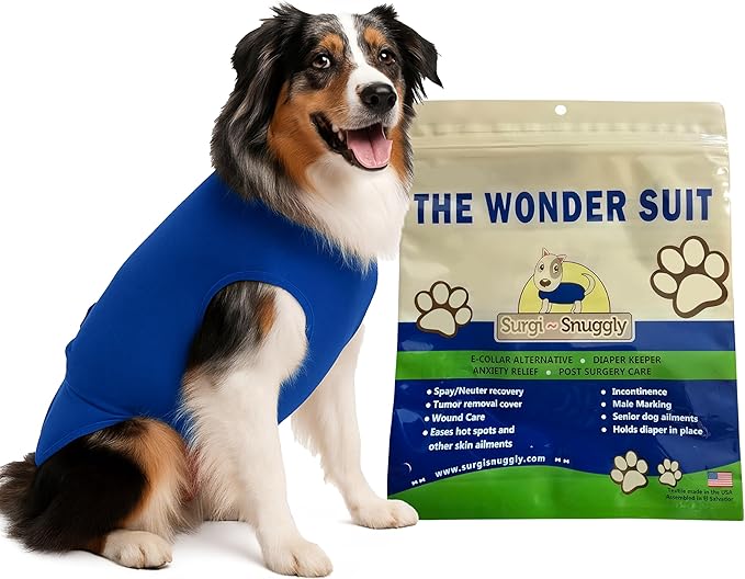 SurgiSnuggly Veterinary Invented Dog Surgical Recovery Suit for Female Spay or Male Dogs Neuters Onesie,Cone Alternative,The Original Onesie Bodysuit for After Surgery XL and Giant Dogs Blue 2XL EC