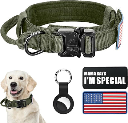 Tactical Military Collar - Adjustable Nylon, Heavy Duty Metal Buckle with Handle for Dog Training, with Patches (Green, M)