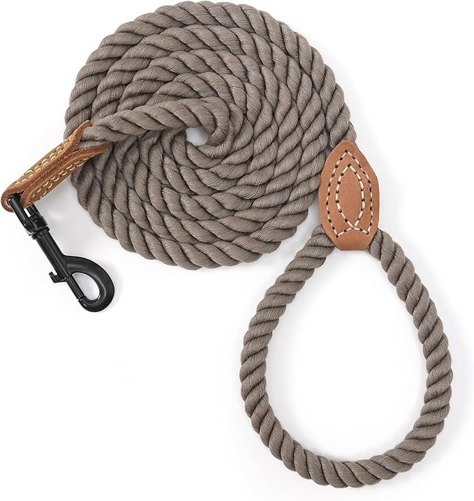 Mile High Life Dog Leash, Braided Cotton Rope Leashes with Leather Tailor Tip with Leather Tip - Heavy Duty Metal Clasp, 6FT, 1/2" Thick - Wedding, Walking Leash for Medium Large Dogs(Camel)