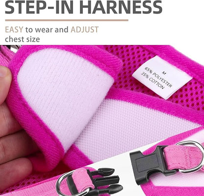 PUPTECK Dog Harness and Leash Set for Small Medium Dogs No Pull Step-in Soft Mesh Puppy Cat Vest Harnesses Reflective at Night, Denim Pink S