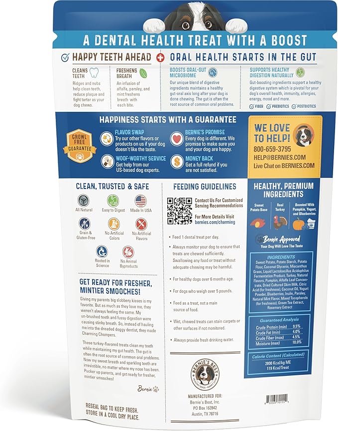Bernie's Charming Chompers - Daily Dental Chews for Dogs 50-100 Lbs. - 12 Count - Cleans Teeth, Freshens Breath, + Boosts Oral-Gut Microbiome. Easy to Digest, Supports Healthy Digestion Naturally