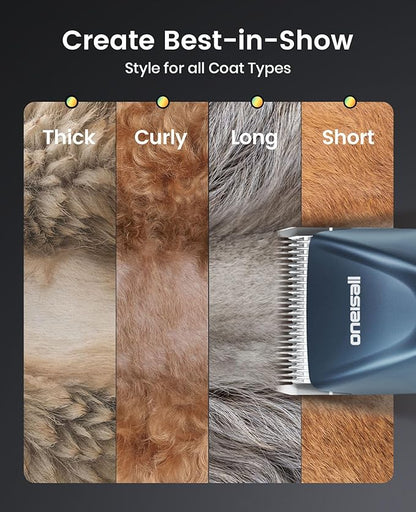 oneisall Professional Cordless Dog Clippers for Groomers, Heavy-Duty Dog Clippers for Thick Long Hair Doodle Poodle, 2-Speed Upgrade Motor, Detachable Batteries, Carbon Steel Blade