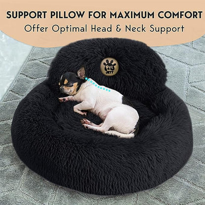 PetJett Calming Dog Bed for Small Dogs – 23" Donut Dog Beds, Anti-Slip & Washable Fluffy Plush Faux Fur Pet Bed, Anti-Anxiety Premium Comfort Round Puppy Bed, Fits Dogs up to 25 lbs – Black