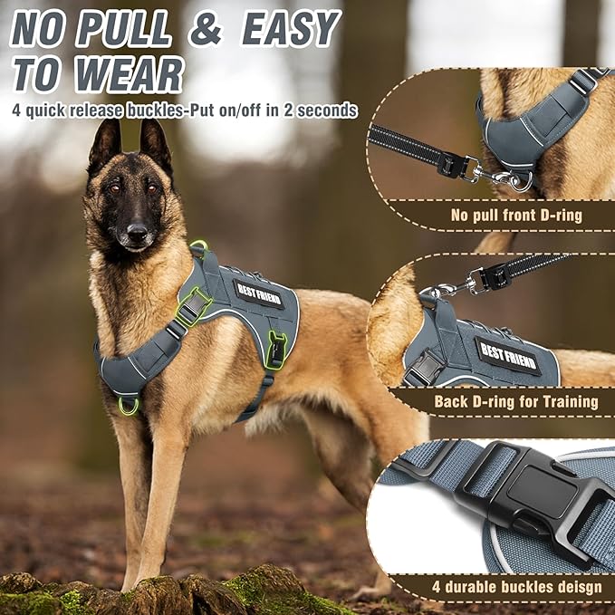 Tactical Dog Harness for Large Dogs,No Pull Military Dog Vest with Handle,Reflective Heavy Duty Pet Harness for K9 Working Walking Hiking Training Gray XL