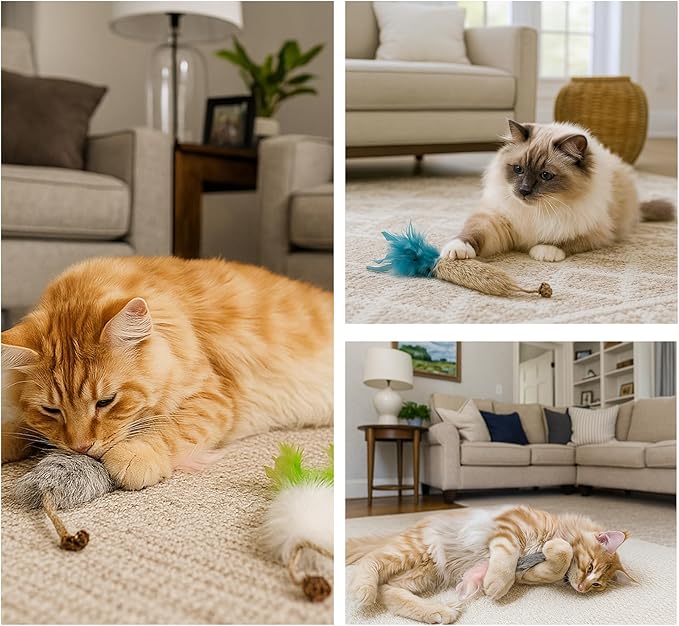 ZAYLUMO 3 Pack Rabbit Fur Catnip Toys with Feathers – Interactive Carrot Cat Toys with Galls Fruit for Indoor Cats and Kittens