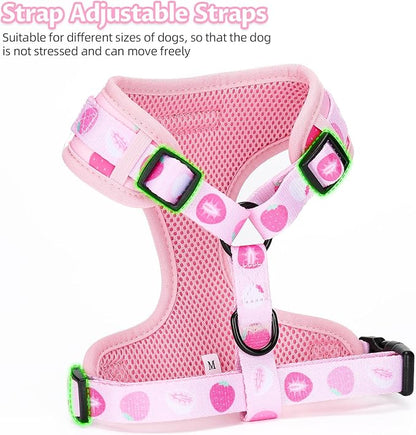 Dog Harness and Leash Set, Adjustable Dog Harness, Dog Leash, No Pull No Choke Puppy Harnesses for Walking Training for Small Medium Pet (Strawberries, L(Chest 18.5-27.1", Neck 14.5-20.1"))
