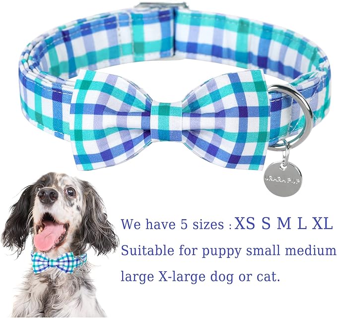 UP URARA PUP Dog Collar Bow Tie, Comfortable Durable Cotton Bowtie Collar for Medium Girl Boy Dog, Adorable Dog Collar with Metal Buckle, Blue Grid Gift Collar, M