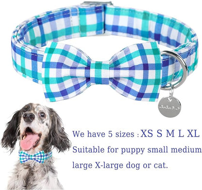 UP URARA PUP Dog Collar Bow Tie, Comfortable Durable Cotton Bowtie Collar for Medium Girl Boy Dog, Adorable Dog Collar with Metal Buckle, Blue Grid Gift Collar, M