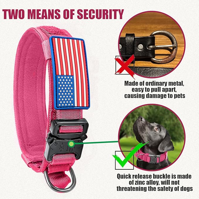 Tactical Dog Collar Military Dog Collar Adjustable Nylon Dog Collar Heavy Duty Metal Buckle with Handle for Dog Training,with Patches(Pink(1PCS), M)