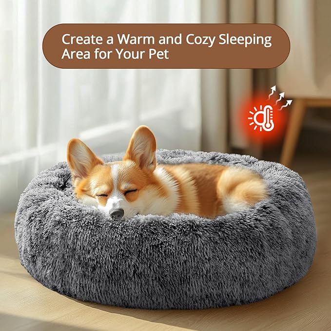 JOLLYVOGUE Calming Small Dog & Cat Bed for Indoor Cats - 20 inches Washable Donut Bed for Kittens & Puppies, Anti-Anxiety Round Fluffy Plush Pet Beds (Fits up to 15 lbs, Smoke Black)