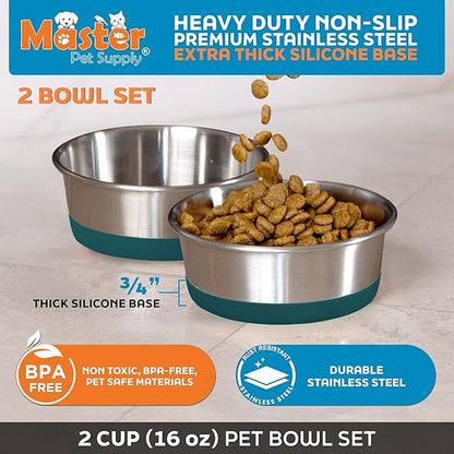 Master Pet Supply Stainless Steel Dog Bowls Set of 2 with Extra Thick Silicone Base - 2 Cup (16 oz) Emerald Sea, Non-Slip, Dishwasher Safe Metal Bowls, Pet Dog Food Bowl for Dogs, Cats, Anti Rust
