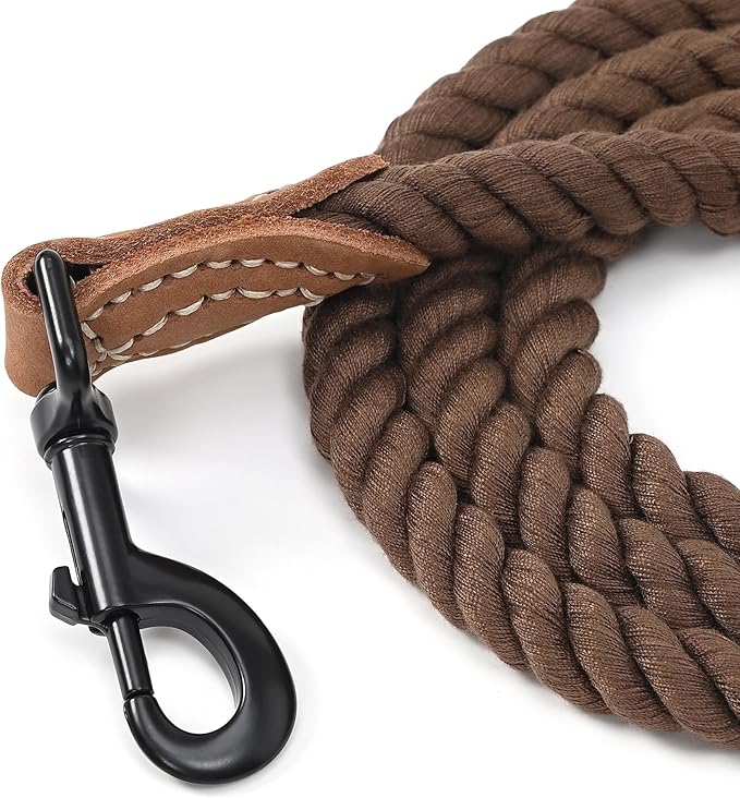 Mile High Life Dog Leash, Braided Cotton Rope Leashes with Leather Tip - Heavy Duty Metal Clasp, 5FT, 1/2" Thick - Wedding, Walking & Training Leash for Small Medium Large Dogs (Dark Brown)