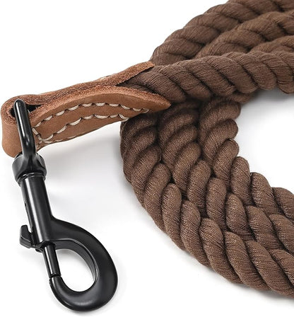 Mile High Life Dog Leash, Braided Cotton Rope Leashes with Leather Tip - Heavy Duty Metal Clasp, 5FT, 1/2" Thick - Wedding, Walking & Training Leash for Small Medium Large Dogs (Dark Brown)