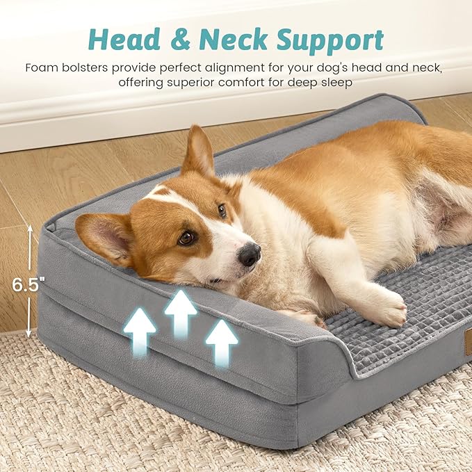 COZY KISS Orthopedic Dog Bed for Large Medium Size Dog, Dogs Crate Bed, L Shaped Foam Anti-Slip Bottom Pet Cat Sofa with Washable Removable Cover, Suitable for Pet Up to 75 lbs, 36x27x6.5 inch, Grey