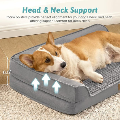 Orthopedic Dog Bed for Medium Small Size Dog, Dogs Crate Bed, L Shaped Foam Anti-Slip Bottom Pet Cat Sofa with Washable Removable Cover, Suitable for Pet Up to 40 lbs, 30x20x7.5 inch, Grey