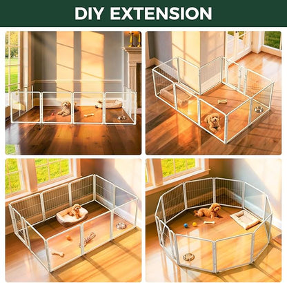 FXW Acrylic & Wire Mesh Indoor Dog Playpen, Heavy Duty 24 Inch 10 Panels Metal Dog Pen for Puppy and Small Dogs, White│Patented