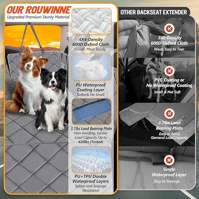 ROUWINNE Back Seat Extender for Dogs-Large Space, Dog Car Seat Cover Hard Bottom Holds 420lb, Sturdy Backseat Extender for Dogs, Upgraded Material,Waterproof Dog Hammock for Car, SUV, Truck