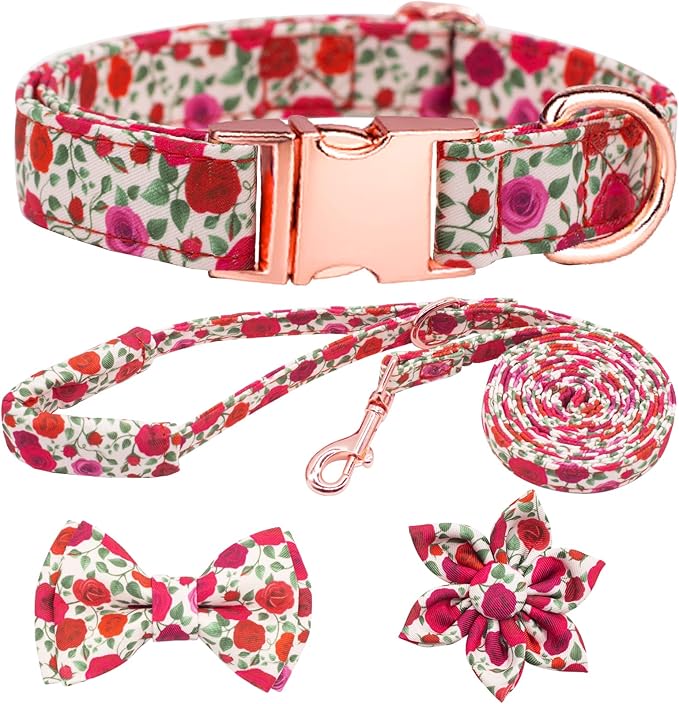 Dog Collar and Leash Set Girls Adjustable Puppy Collars with Floral Bow Tie for Small Medium Large Female Dogs, Red Rose, M