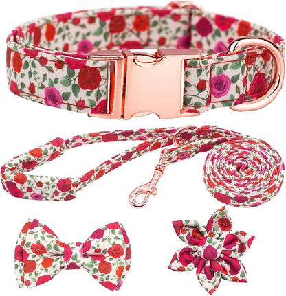 Dog Collar and Leash Set Girls Adjustable Puppy Collars with Floral Bow Tie for Small Medium Large Female Dogs, Red Rose, L