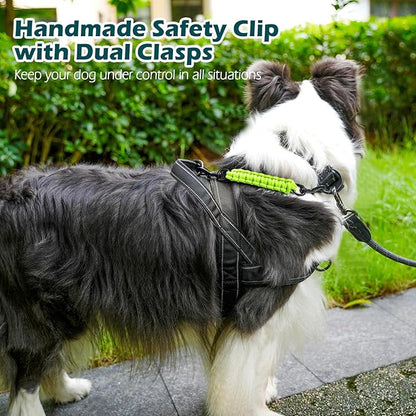 PetBonus Dog Collar Safety Clip, Handmade Backup Safety Strap for Dog Harness, Prong, Pinch Collar, Double Ended Clasp Leash Connector (Neon Green)