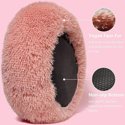 Calming Donut Dogs Beds for Small Dogs Washable,23inch Plush Round Pet Bed for Cozy Sleep,Fluffy Faux Fur Large Cat Bed,Fits up to 25 lbs Pets,Pink