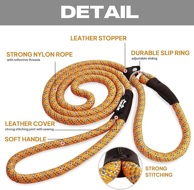 TwoEar 6FT Slip Lead Dog Leash, Heavy Duty Slip Leash for Dogs with Highly Reflective, Strong Rope Slip Leads No Pull Pet Training Leashes for Small Dogs (3/8", Orange)