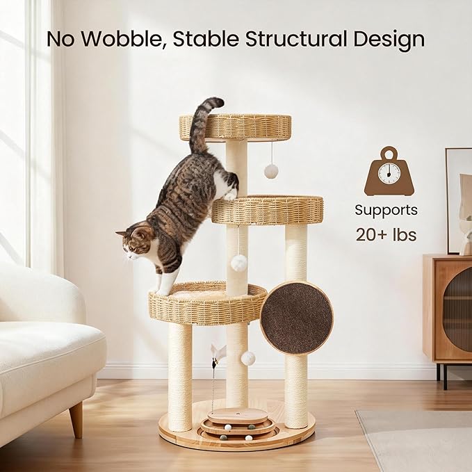 Solid Wood Cat Tree,Modern Cat Tower with Scratching Posts, Hand-Woven Beds & Toys | Heavy-Duty 20lbs Capacity,Indoor Cat Furniture for Big Cats