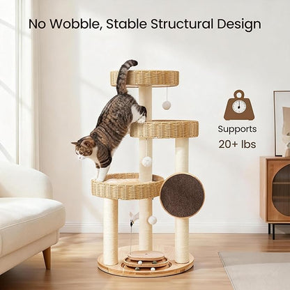 Solid Wood Cat Tree,Modern Cat Tower with Scratching Posts, Hand-Woven Beds & Toys | Heavy-Duty 20lbs Capacity,Indoor Cat Furniture for Big Cats