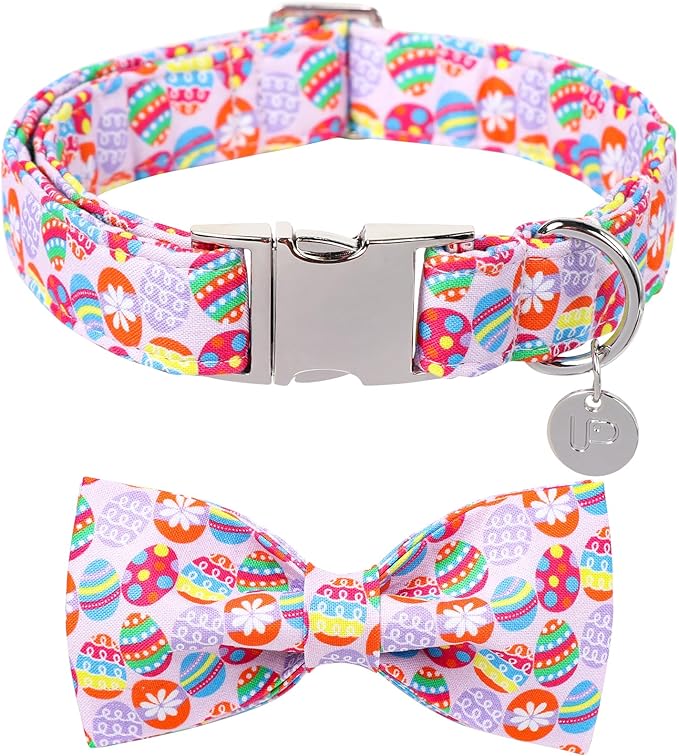 Easter Collar with Bow Tie, Cotton Bowtie Collar for Large Dogs, Colorful Eggs Collar with Metal Buckle, Easter Day Gift, XL, 16-26in Neck