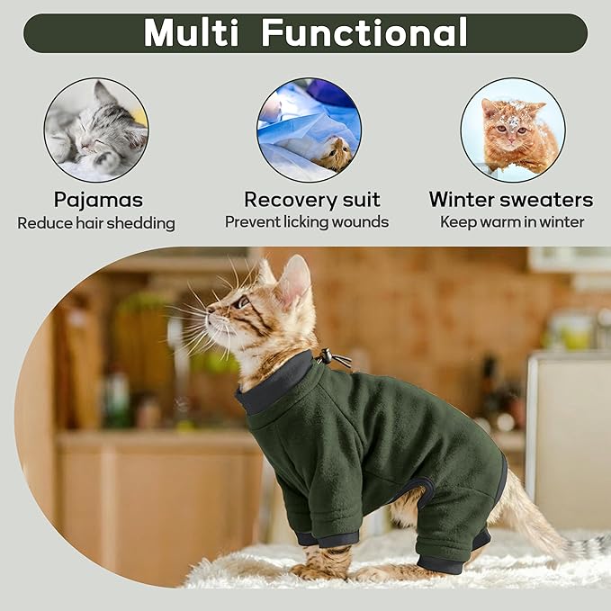 PUMYPOREITY Sticky Hair Cat Clothes, Prevent Hair Loss Cat Pajamas, Soft Cat Sweaters for Cats Only, Cat Hair Sticky Onesie, Cat Recovery Suit After Surgery, Green, 2XL