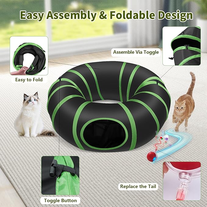 Interactive Cat Toy with Motorized Ball & Collapsible Tunnel - Fast Rolling Motion-Activated, Hide & Seek Puzzle Game for Indoor Adult Cats & Kittens, Stimulating Hunting Self Play Boredom Buster