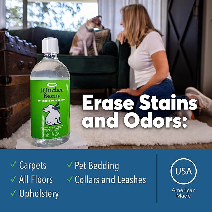 Kinderbean Dog & Cat Urine Stain and Odor Eliminator for Carpet, Upholstery, Hard Floors - 2-Pack 32 oz., Grapefruit & Thyme Scent, Enzyme Bio-Active Formula with Squeeze and Spray Top