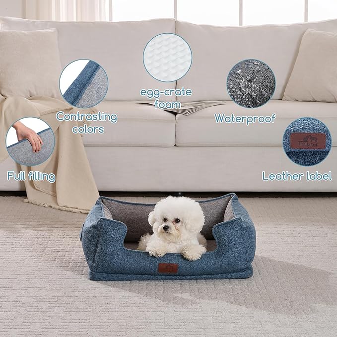 Hollypet Orthopedic Rectangle Dog Bed for Small Dogs, Supportive Egg-Crate Foam Pet Beds with Removable Washable Waterproof Cover and Non-Slip Bottom, Blue, 23" L x 19" W x 8.5" Th