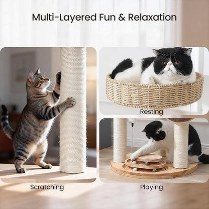 Solid Wood Cat Tree,Modern Cat Tower with Scratching Posts, Hand-Woven Beds & Toys | Heavy-Duty 20lbs Capacity,Indoor Cat Furniture for Big Cats