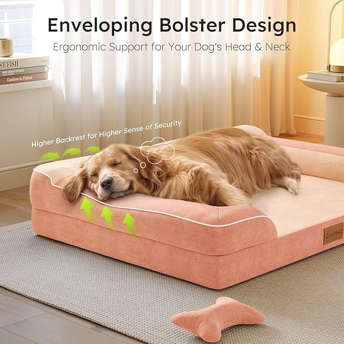 CWAWZ XXL Dog Bed for Extra Large Dogs, Giant Orthopedic Dog Bed with Cooling Gel Memory Foam, Waterproof Pet Bed with Removable Washable Cover, 53" Pet Sofa bed Dutch Velvet with Bone Toy, Peach Pink