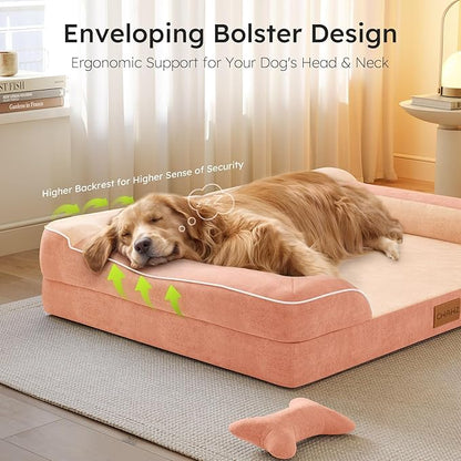 CWAWZ XXL Dog Bed for Extra Large Dogs, Giant Orthopedic Dog Bed with Cooling Gel Memory Foam, Waterproof Pet Bed with Removable Washable Cover, 53" Pet Sofa bed Dutch Velvet with Bone Toy, Peach Pink
