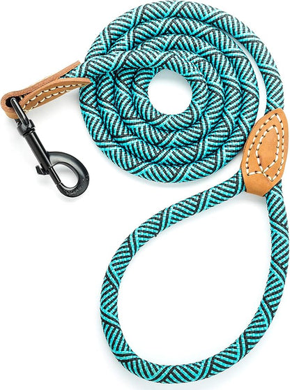 Mile High Life Rope Leash with Genuine Leather Connection, 6 FT/5 FT/4 FT, Heavy Duty Leash for Medium & Large Dogs (Turquoise Green, 72 Inch)