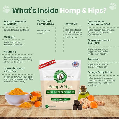 Veterinary Naturals Hemp & HIPS Joint Supplement for Dogs/Supports Relief from Hip and Joint Pain in Large, Aging Dogs (Senior Large Breed, Beef & Bacon)