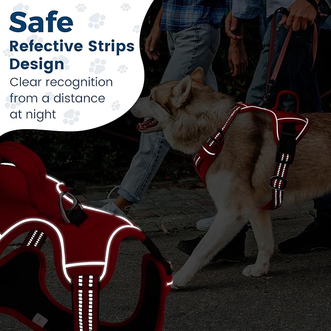 Funfox Dog Harness No Pull, Adjustable Pet Vest Harness, Super Soft Material with Vertical Handle Easy Control, Reflective Night Walking, 2 Leash Clips for XLarge Dogs, Red, XL