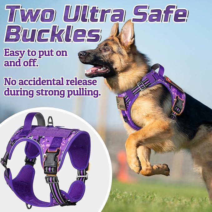 rabbitgoo Tactical Dog Harness Medium Sized Dog, No Pull Military Service Vest with Handle & Molle, Easy Control for Training Walking, Adjustable Reflective Straps, Purple Camo, M