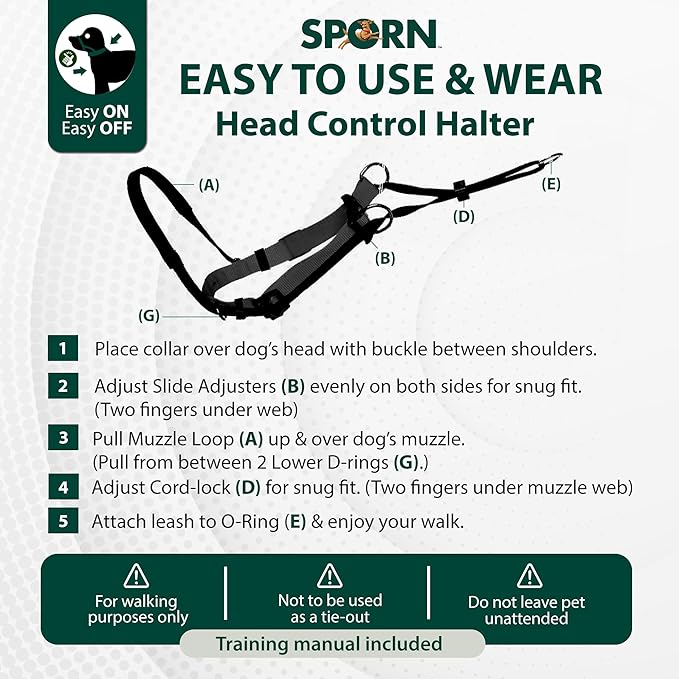 Sporn Head Halter for Dogs - Large Dog Halter, Gentle No-Pull Dog Collar with Padded Nose Strap - Comfortable Anti-Pull Control for Extreme Pullers - Attaches to Leash & Converts to Standard Collar