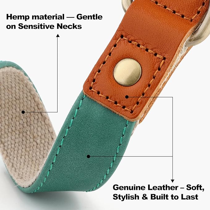 Plutus Pet Genuine Leather & Hemp Dog Collar – Adjustable Heavy Duty Pet Collar with Quick Release Metal Buckle, Soft & Stylish for Puppy and Small, Medium, Large Dogs (Green, S)