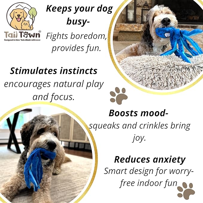 Octopus Dog Toy – Squeaky & Crinkle Plush – No Stuffing Toy for Small, Medium & Large Dogs – Interactive Pet-Safe Soft Toy for Tug, Fetch & Play – Blue– Tail Town